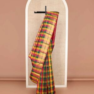 Multi-color palum pazhamum checked Kanchipuram silk saree, zari border of thilakam mokku, muthu, neli, and vanki designs, and zari-rich pallu