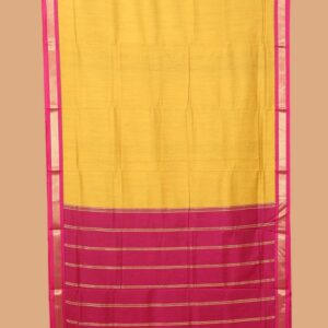 Yellow plain nine-yard cotton saree, contrast traditional zari border, and striped pallu