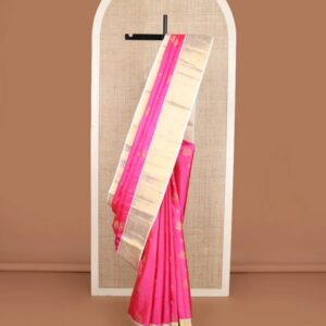 Pink zari buttas silk saree, contrast border of thilakam, diamond, laddu kamalam, muthu, kathir, mayil and chakram designs, and jaal pallu